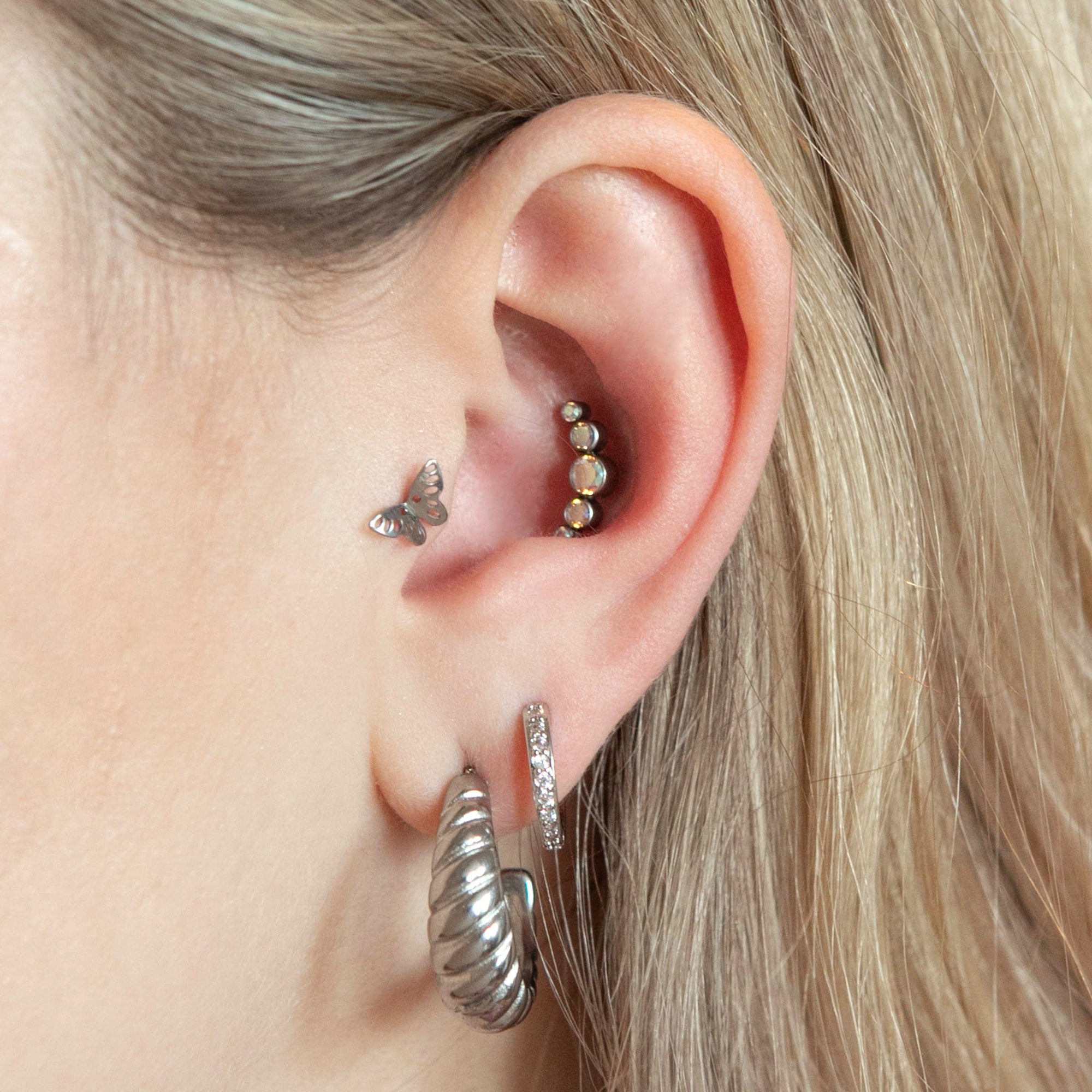 Twilight London Labret Piercing Silver Aurora Borealis Curved Helix Earring