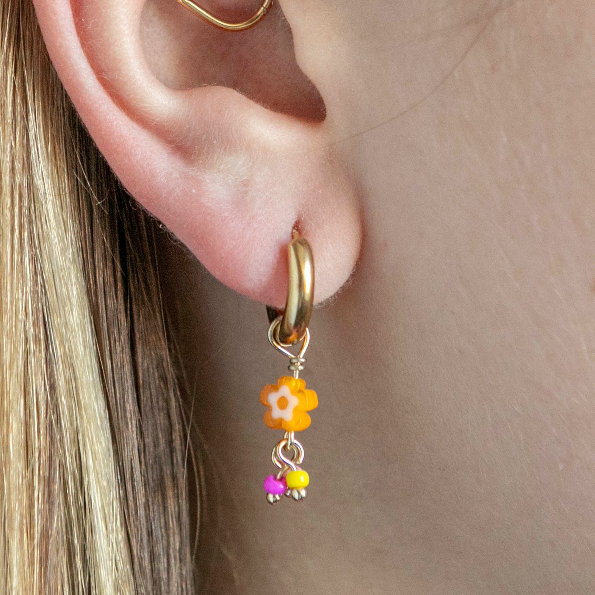 Twilight London Charm Hoop Gold Orange Daisy Charm Hoop Earrings