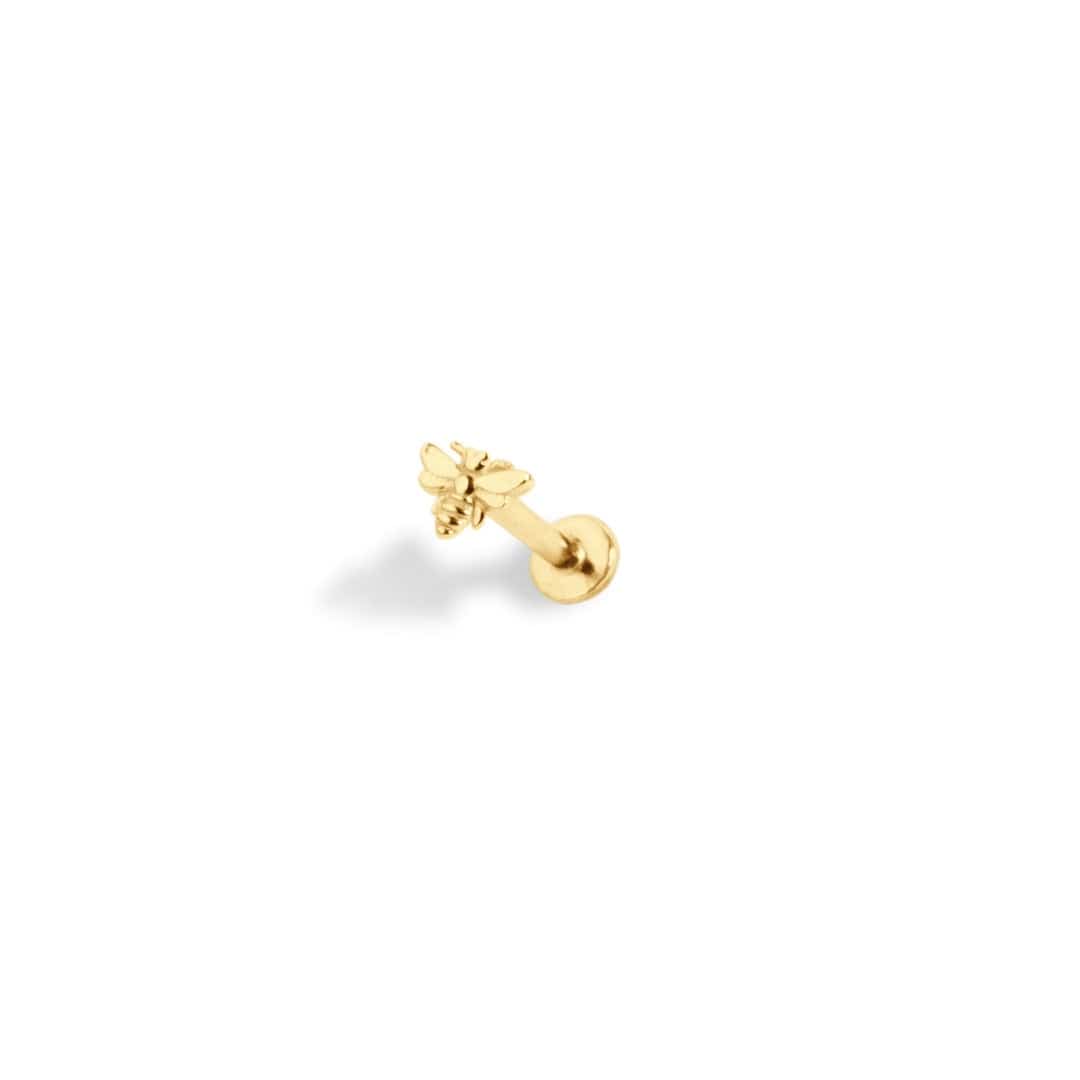 14 Carat Yellow Gold Tiny Bee Labret Piercing shown on white background