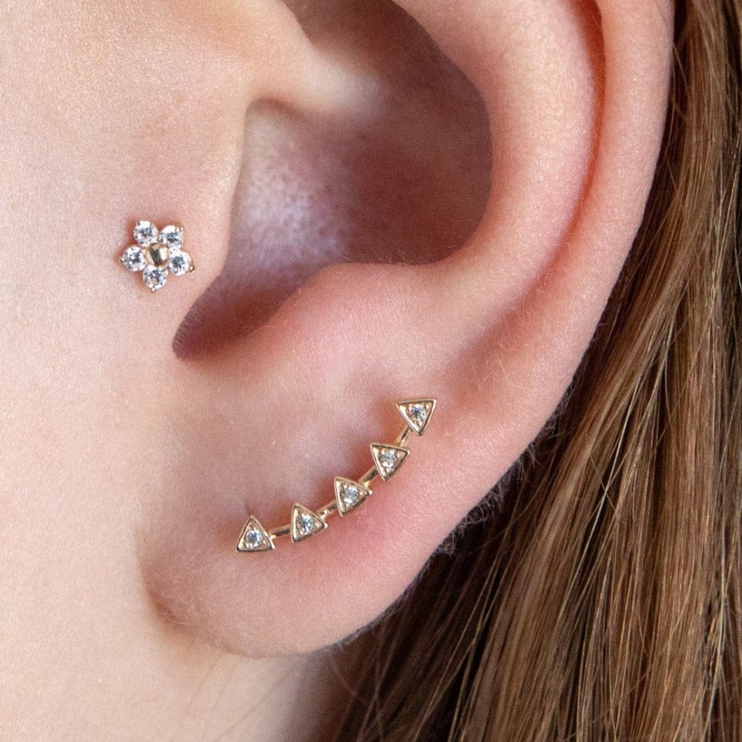 14K solid gold daisy labret piercing shown in the tragus position on the ear model. The model also wears solid gold hero barbell in lobe position