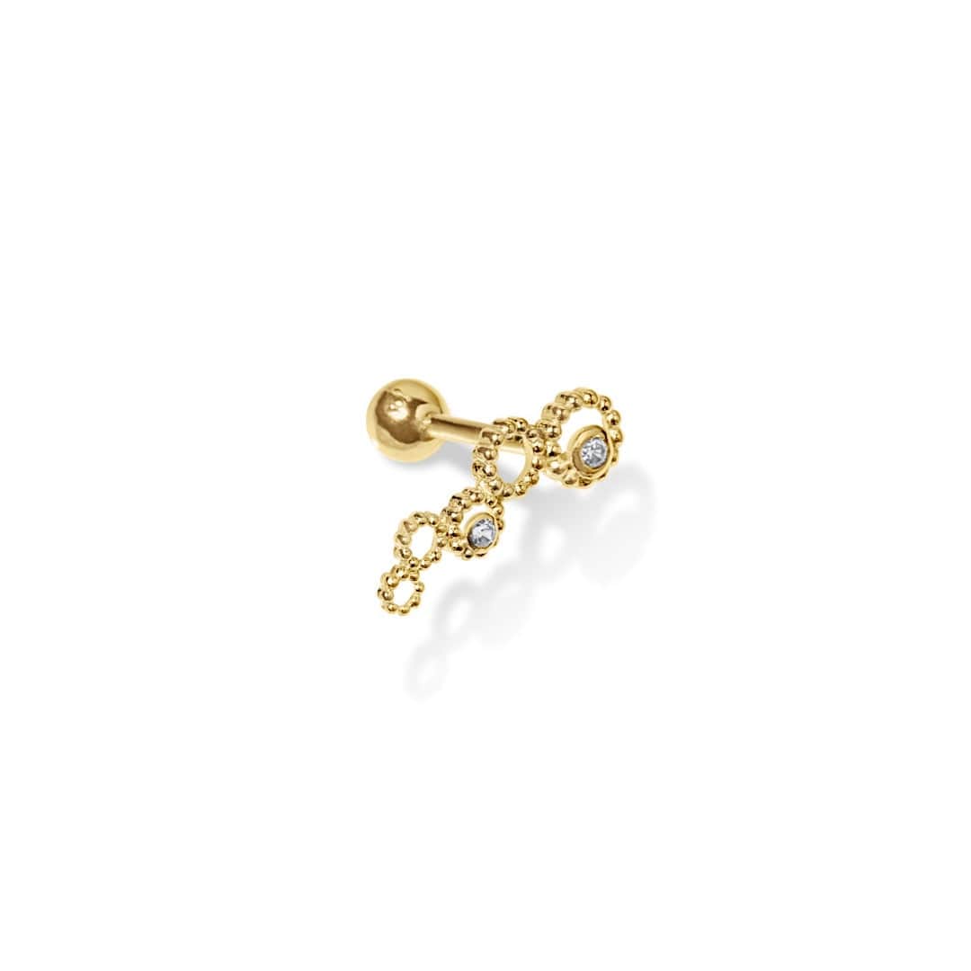 14K Solid Gold Hoops Barbell Earring with 2 tiny circular cut clear CZ gems shown on a white background