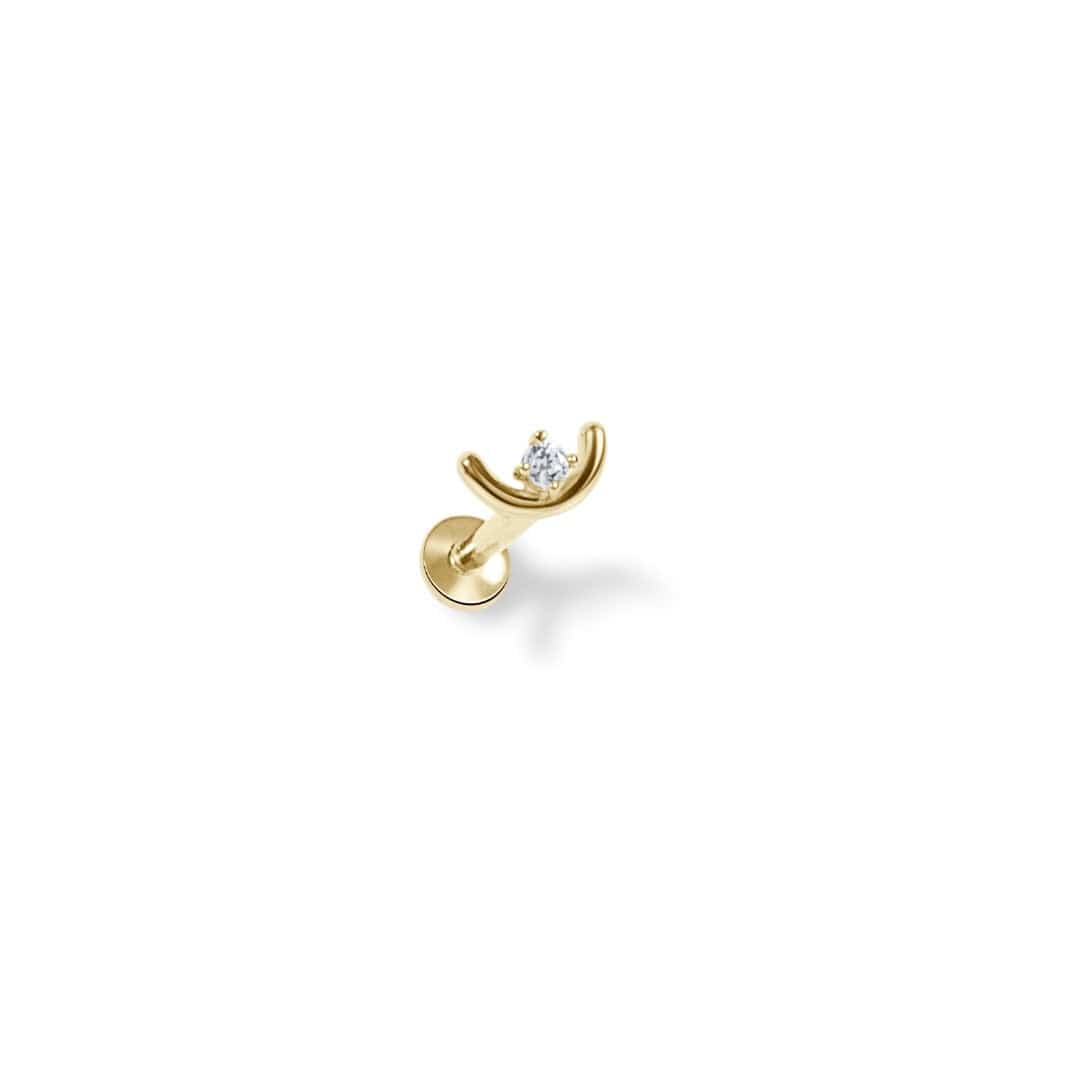 14 Carat Solid Gold Sunrise Arc Labret Stud with 1 clear circular CZ gems shown on white background
