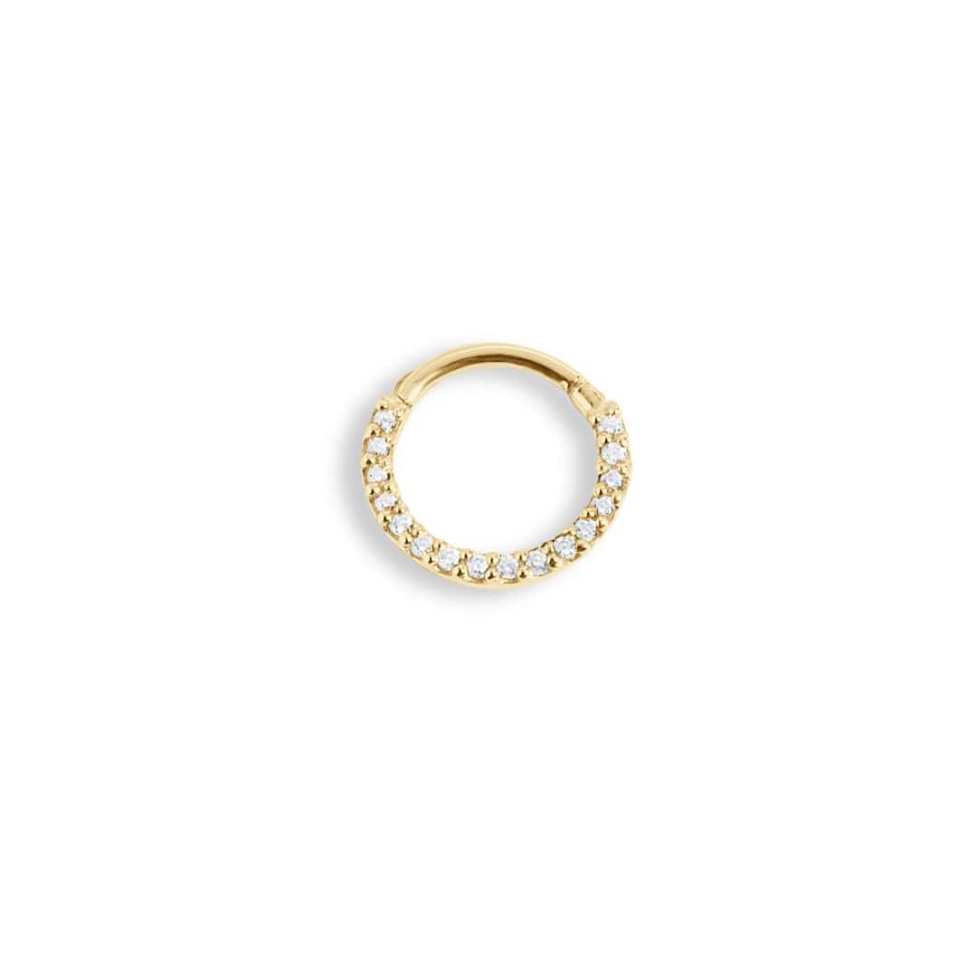 14 carat solid gold classic circular daith hoop with a single ring of cubic zirconia 