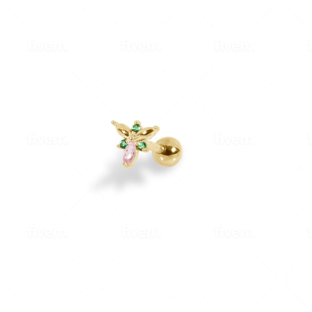 14K Solid Gold Jewel Barbell with 1 pink and 3 green cubic zirconia crystal gems on a white background