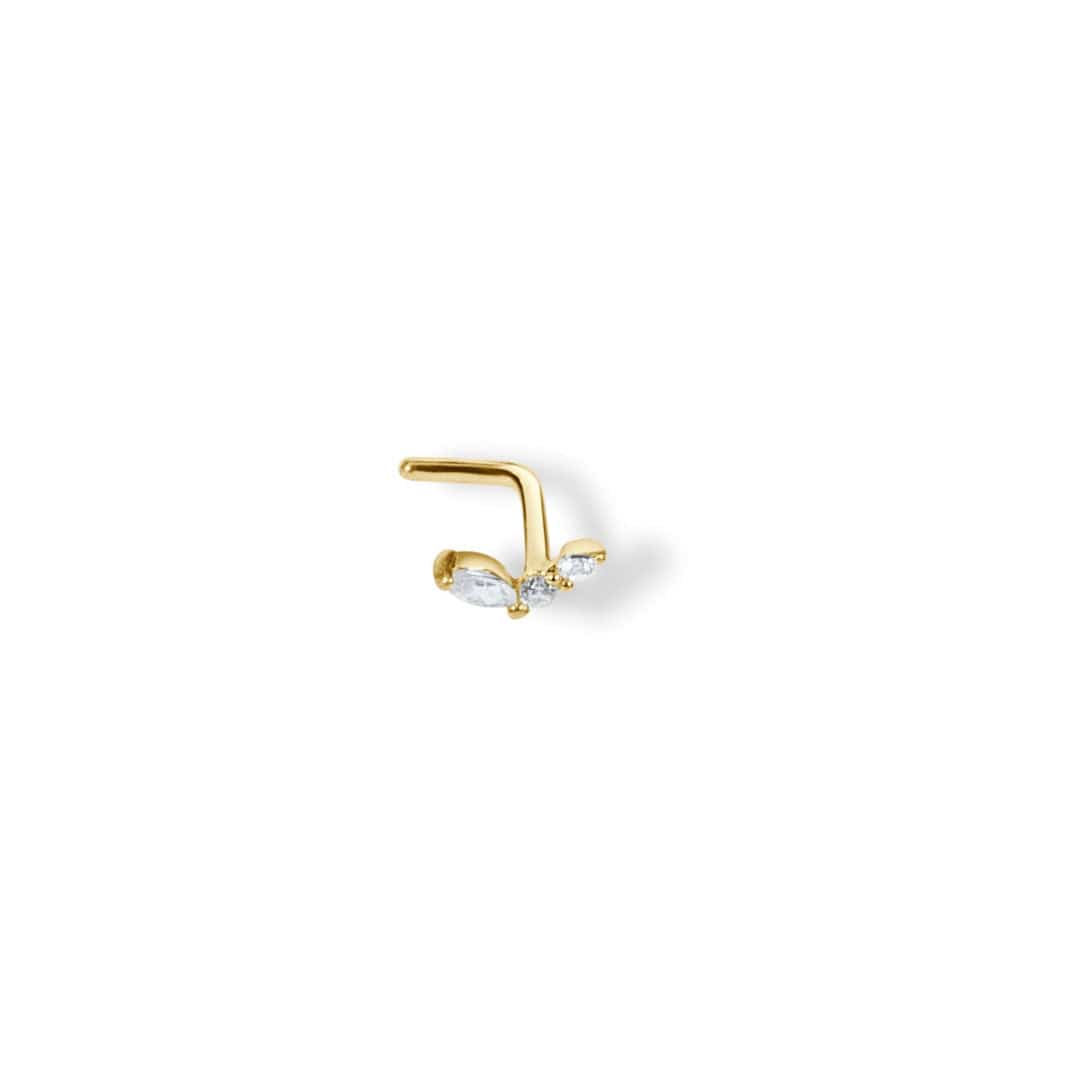 14K Solid Gold Sycamore Nose Stud with 3 tiny clear CZ gems shown on white background