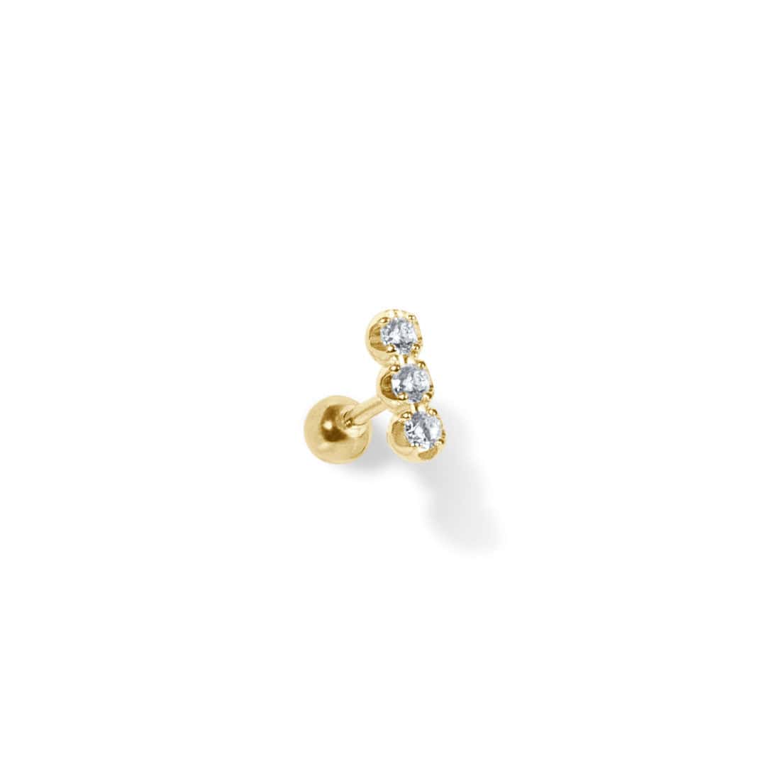 4K Solid Gold Tryptic Barbell with 3 large clear CZ gems in a trellis mount shown on white background
