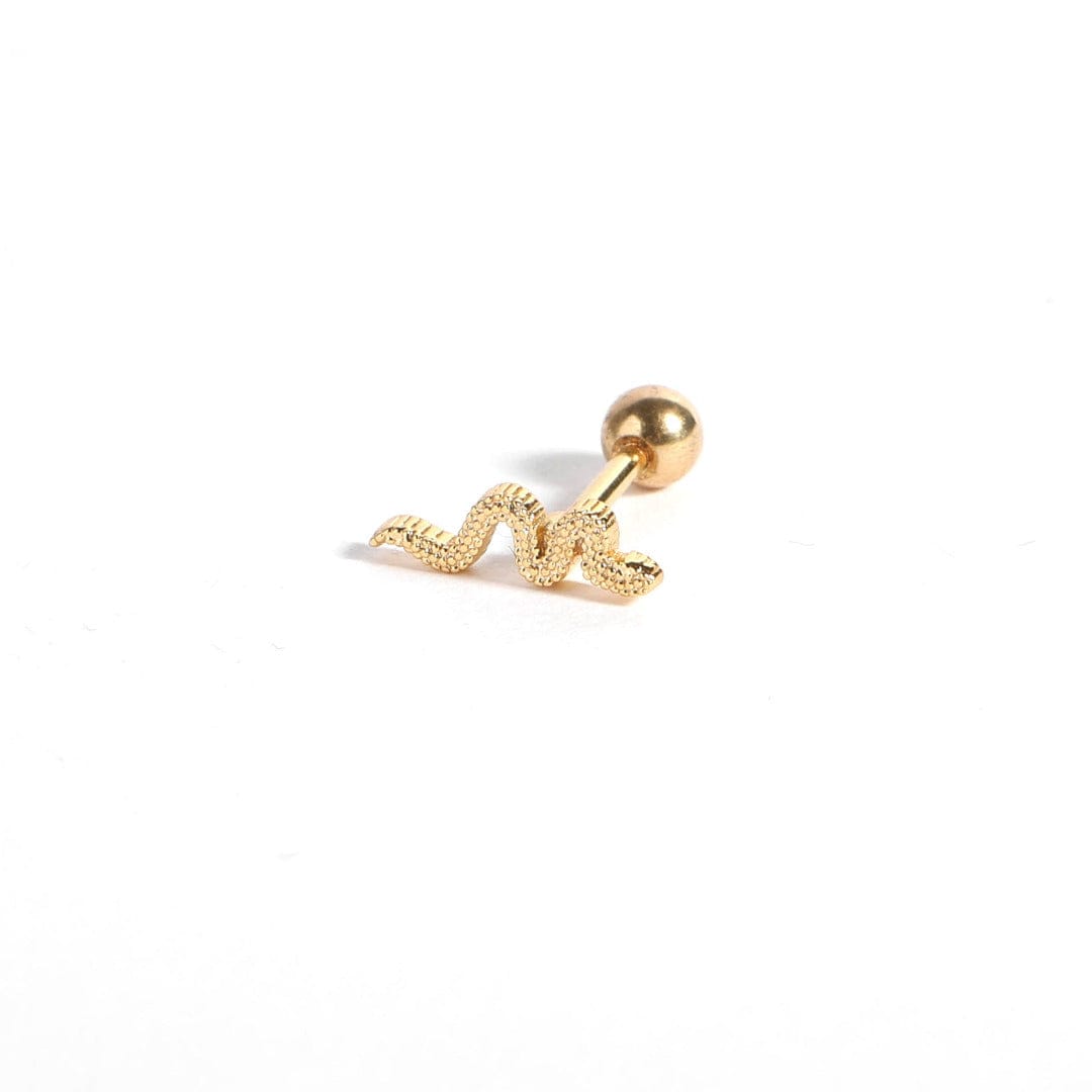 Beautiful textured snake barbell earring in gold shown on a white background