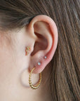 Beautiful textured snake barbell earring in gold shown in the tragus position of a model